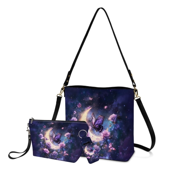 ZUXONGSY Butterfly Rose Moon Galaxy Print Travel Cosmetic Bag with Matching Crossbody Purse and Lip Balm Holder, Waterproof Toiletry Organizer Set for Women