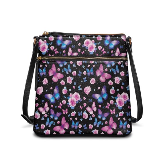 ZUXONGSY Butterfly Rose Print PU Leather Crossbody Purse for Women Lightweight Sling Hobo Bag Multiple Pockets Bag Fashion Handbags with Adjustable Strap for Working Dating