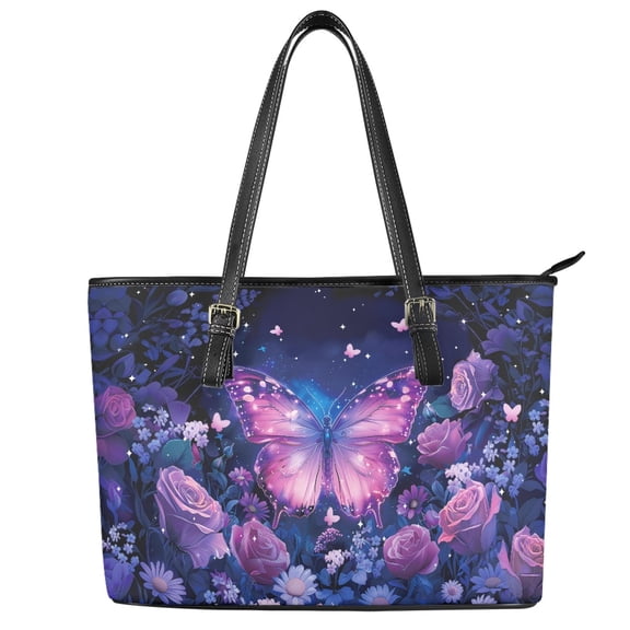 ZUXONGSY Butterfly Rose Print Tote Bag for Women PU Leather Shoulder Bag Trendy Travel Purse with Zippered for Workout Dating
