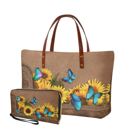 ZUXONGSY Butterfly Sunflower Print 2 Pack Purse and Wallet Set for Women Fashion Handbags Top Handle Satchel with Matching Wallet Large Satchel Handbags for Shopping Work