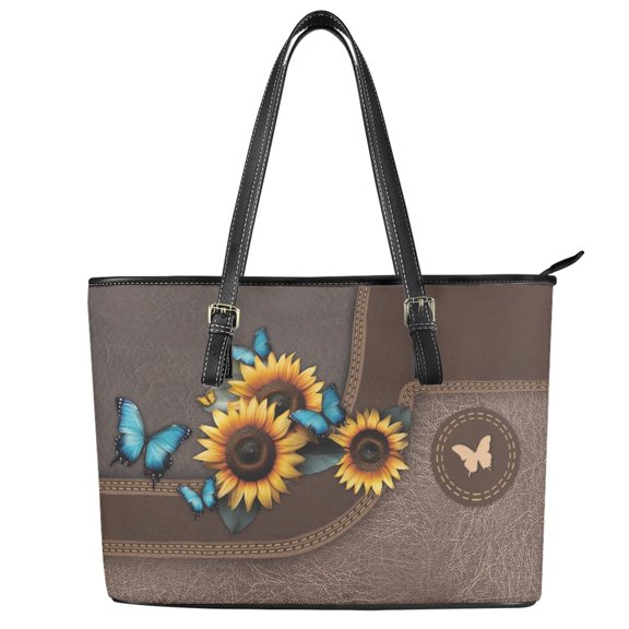 ZUXONGSY Butterfly Sunflower Print Handbag for Women PU Leather Shoulder Bag Lightweight Top Handle Satchel with Zippered for Work Dating