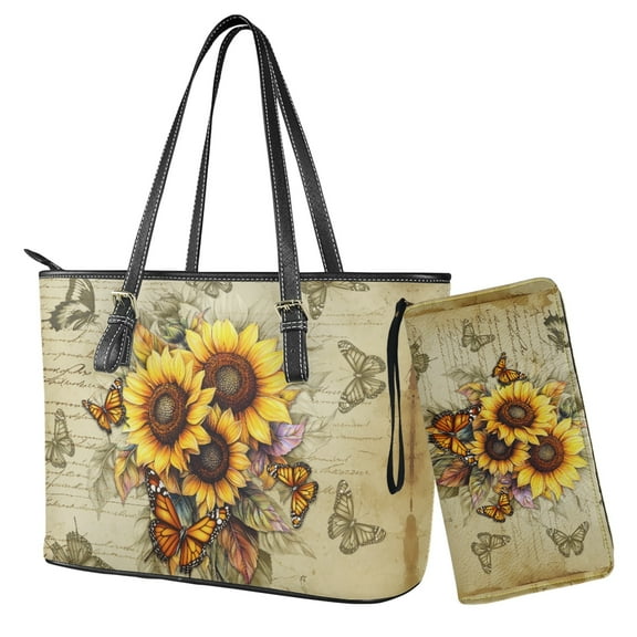 ZUXONGSY Butterfly Sunflower Print Large Capacity Women's Top Handle Tote Bag Set PU Leather Purse with Matching Wallet & Clutch for Shopping Work
