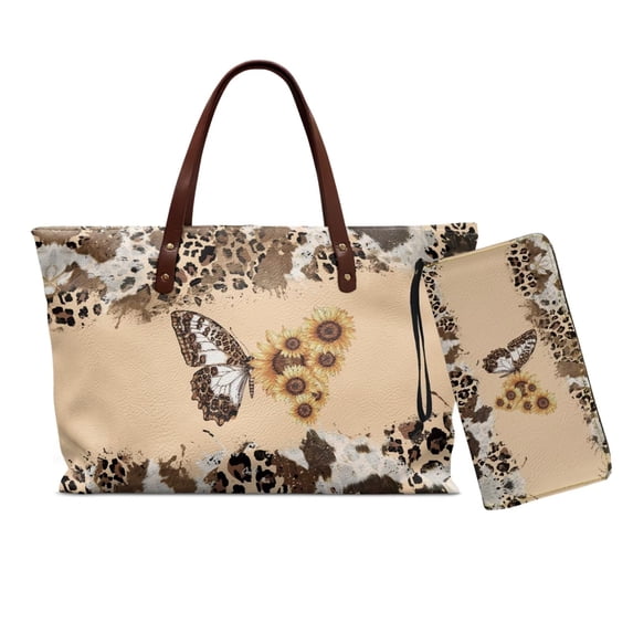 ZUXONGSY Butterfly Sunflower Print Top Handle Handbag Purses Set for Women Leopard Print Tote Bag Satchel Handbags with PU Cash Wallet , Lightweight Top Handles Work Bag Purses for Hiking Shopping