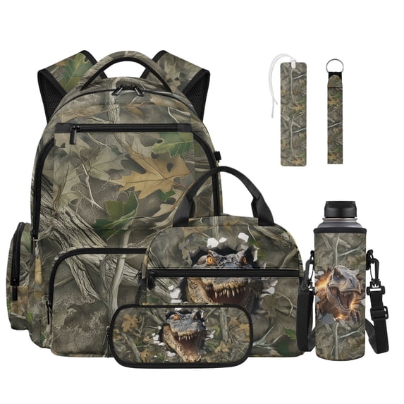 ZUXONGSY Camo Dinosaur Print Kids School Backpack 6 In 1 Bookbag Set with Lunch Box Pencil Case Water Bottle Carrier Bag Keychain and Bookmark Outdoor Laptop Backpack Daypacks for Boy and Girls