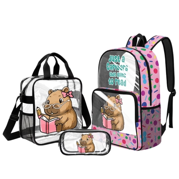 ZUXONGSY Capybara Book Print Stadium Approved Clear Backpack Set, 3 Piece Heavy Duty Transparent Bags with Lunch Bag & Pencil Case, for Concerts, Sports, Work, School