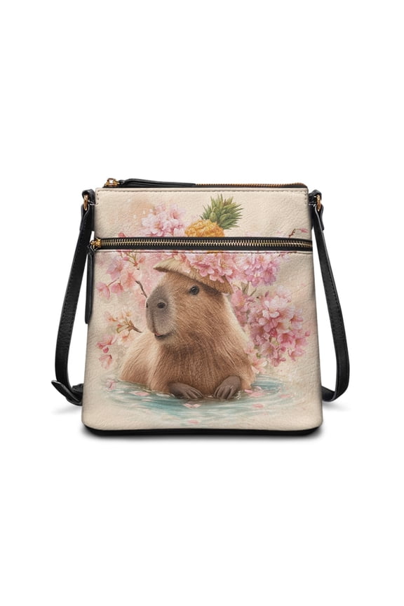Capybara Cherry Blossom Pineapple Print PU Leather Crossbody Bags for Women Fashion Multiple Pockets Bag Satchel Lightweight Messenger Bag Shoulder Handbags with Zipper for Working Workout