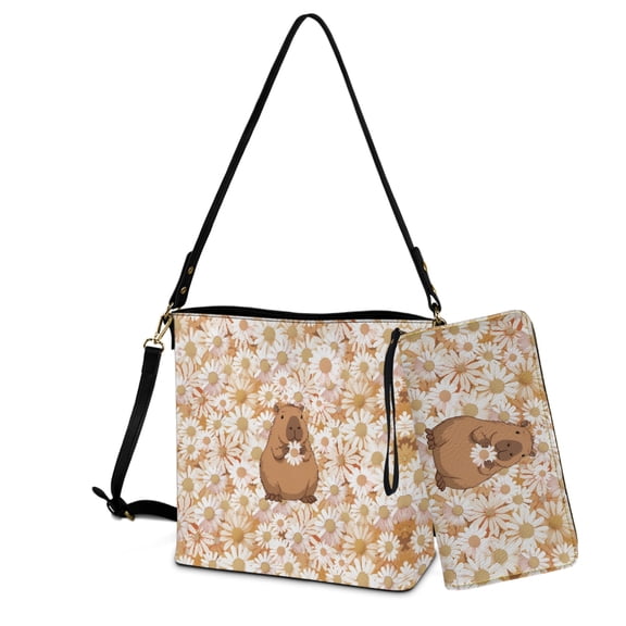 ZUXONGSY Capybara Daisy Flower Print 2 Pcs Bucket Purse Set for Women Multifunctional Bucket Bag Tote Purse Set Multipurpose Shoulder Bag with Leather Wallet for Daily Use
