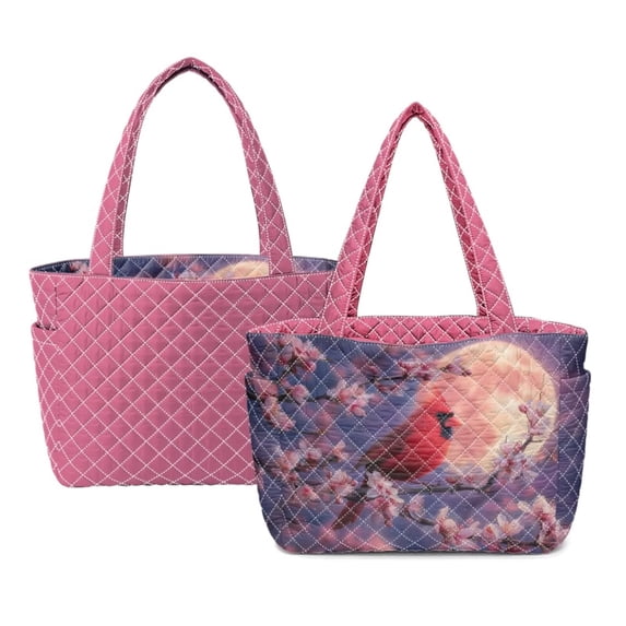 ZUXONGSY Cardinal Cherry Blossom Moon Print Reversible Lightweight Tote Bag for Women, Quilted Handbag with Multi-Pocket, Large Capacity Top Handle Satchel Shoulder for Work, Shopping, Pink