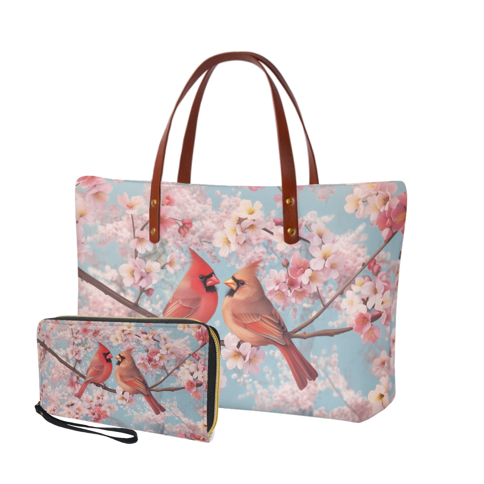ZUXONGSY Cardinal Cherry Blossom Print 2 Pack Handbags and Wallet Set for Ladies Girls Casual Top Handles Shoulder Bag PU Slim Wallet Multifunctional Top Handle Tote Bag for Shopping Work