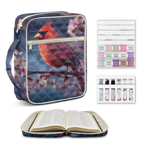 ZUXONGSY Cardinal Cherry Blossom Print Large Bible Bag for Women, Quilted Bible Carrying Case with Handles, Organizer Pocket for Pens & Accessories, Perfect ChuZU & Study Tote