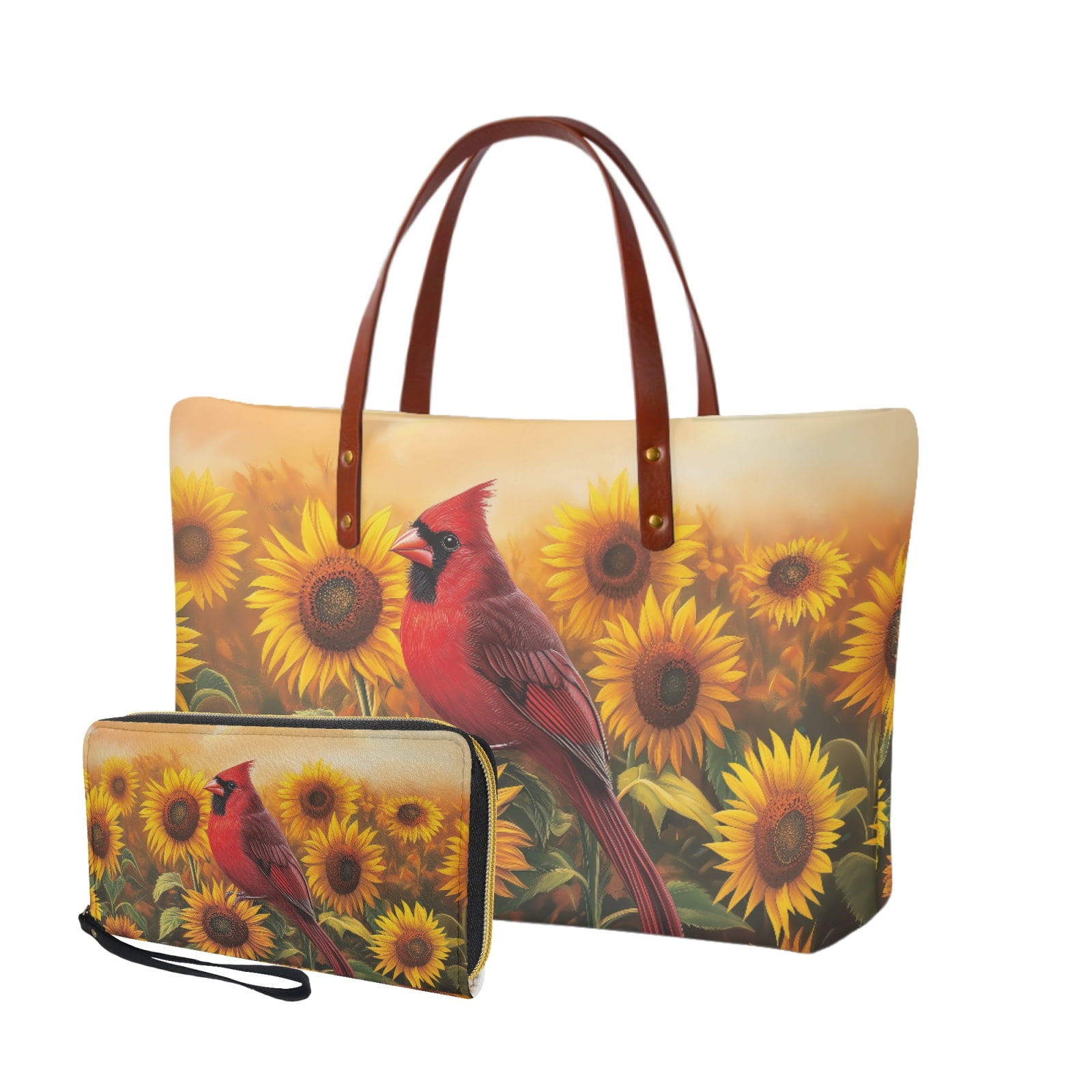 ZUXONGSY Cardinal Sunflower Print Purse and Wallet Set of 2 for Women Portable Satchel Handbags Large Capacity Shoulder Bag Work Bag Money Organizers for Outings Shopping