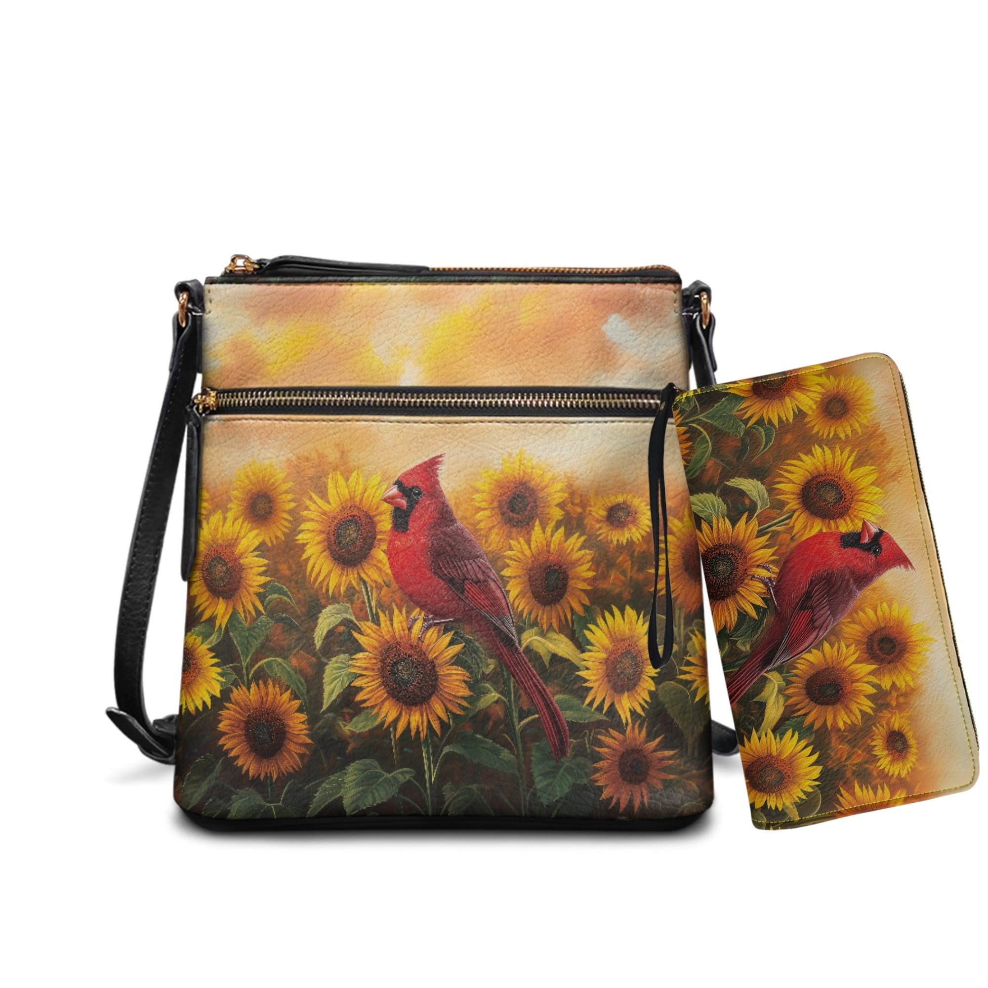 ZUXONGSY Cardinal Sunflower Print Stylish PU Leather Crossbody Purse & Wallet Set for Women, Large Satchel Handbag with Adjustable Strap for Travel & Work for Daily Use