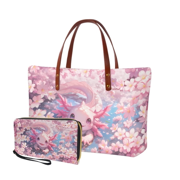 ZUXONGSY Cartoon Axolotl Cherry Blossom Print 2 PCS Handbags and Purses Set for Women Practicality Top Handle Satchel Work Bag Satchel Handbags with Matching Wallet for Shopping Travel