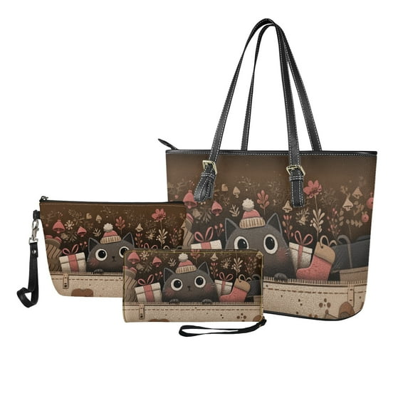ZUXONGSY Cartoon Cat Daisy Flower Gift Print Tote Bag with Multifunctional Cosmetic Bags Wallet for Women PU Leather Top Handle Satchel Set with Lightweight Makeup Pouch Card Holder for Business