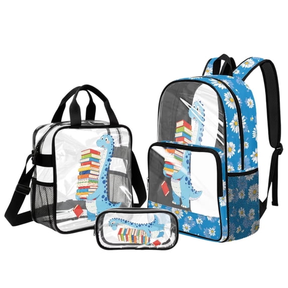 ZUXONGSY Cartoon Dinosaur Book Print 3 Pcs Clear Backpack Set, Heavy Duty Transparent Bookbag with Lunch Bag & Pencil Case, Back to School See Through Bags for Teens Girls