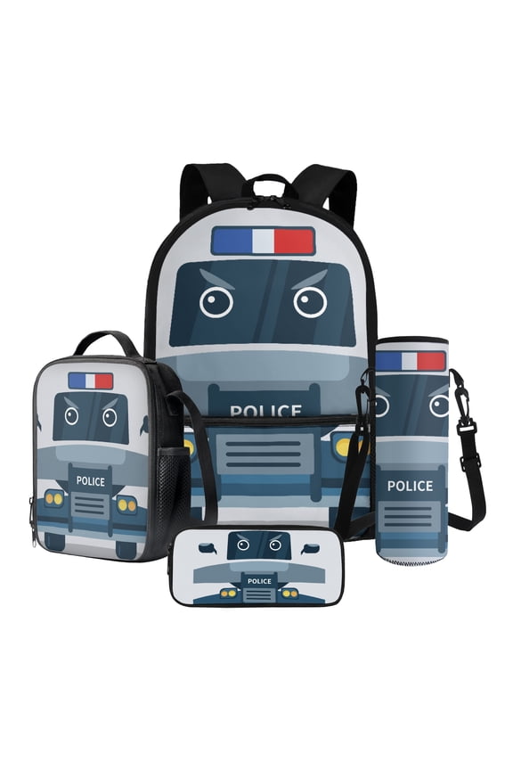 Cartoon Police Car Print Backpacks Set School Bag College Backpack with Insulated Lunch Box Pencil and Water Bottle Holder Case Travel Daypack Large Bookbags for Teens Girls, Set of 4