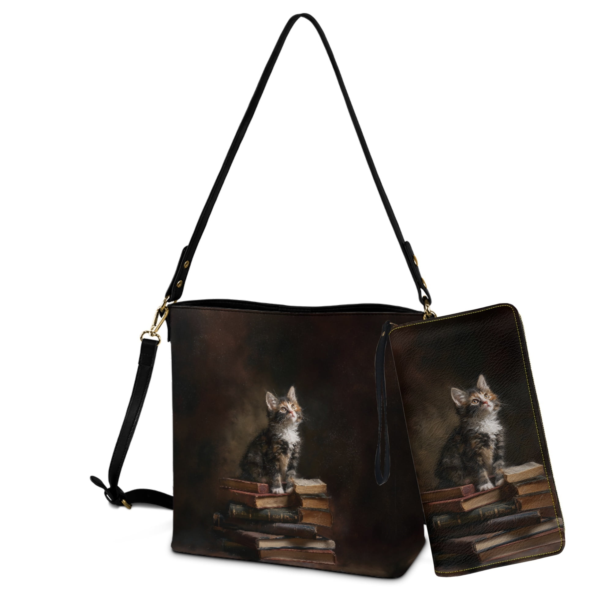 ZUXONGSY Cat Book Print Bucket Purse and Wallet Set for Women Lady Fashion Bucket Bag Tote Purse Set Lightweight Crossbody Hobo Bag with Wallet Set for Daily Use