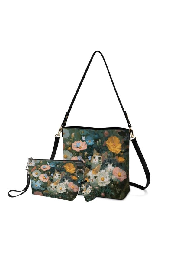 Cat Butterfly Daisy Flower Print Bucket Bag for Women with Makeup Bag, 3-in-1 Purse Organizer Set Includes Lip Balm Keychain Holder, PU Leather Crossbody Handbag Gift