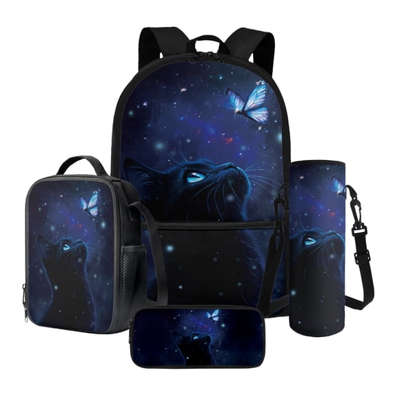 ZUXONGSY Cat Butterfly Galaxy Print 4Pcs Backpack Set for Girls Boys Bookbag Set Primary School Daypack Elementary Students Knapsack with Lunch Box Pencil Case and Water Bottle Holder