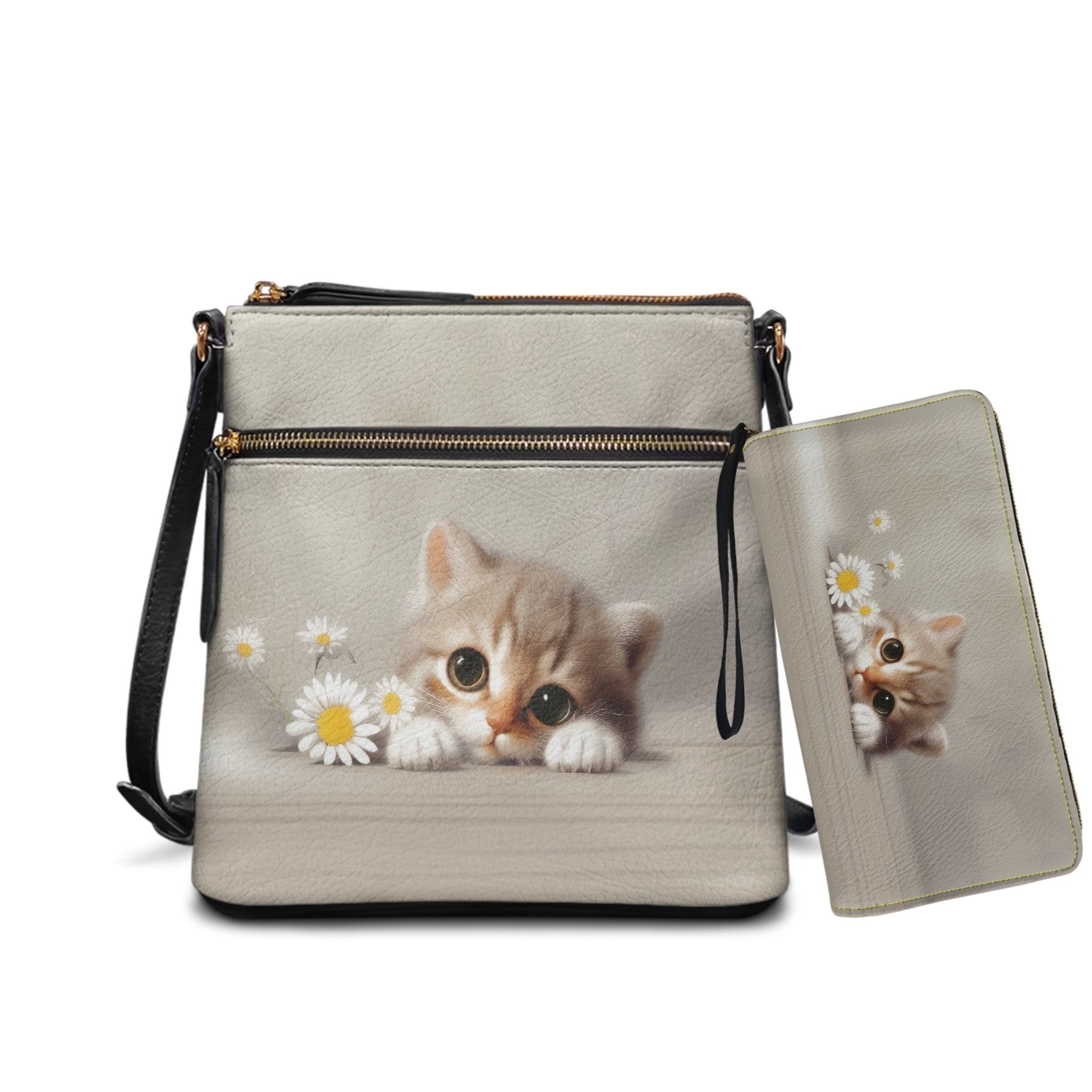 ZUXONGSY Cat Daisy Flower Print PU Leather Crossbody Hobo Bag & Wallet Set for Women, Spacious Satchel with Adjustable Strap for Work & Travel