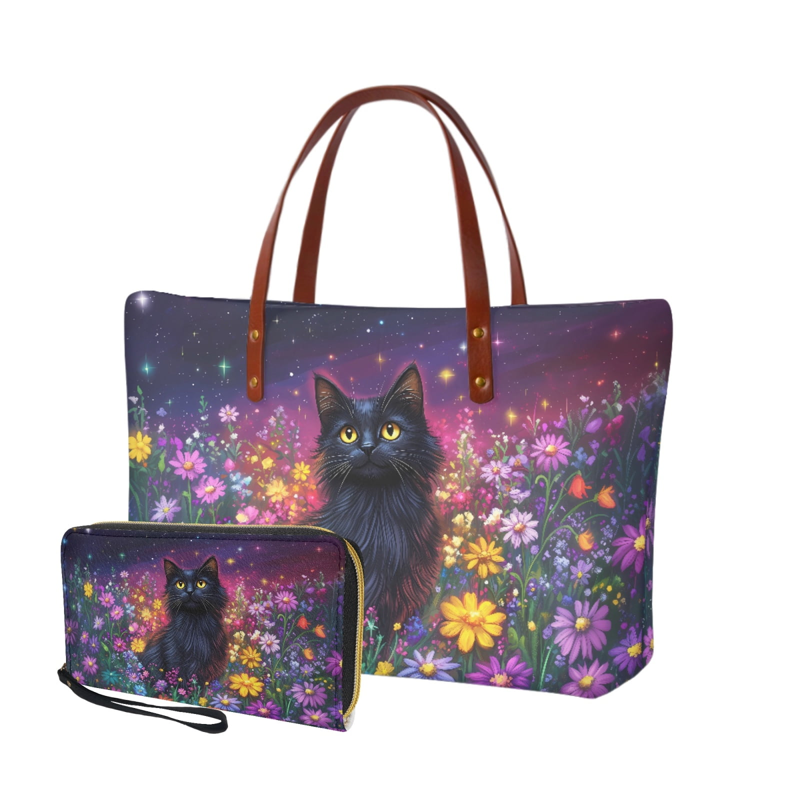 ZUXONGSY Cat Daisy Flower Star Sky Print Handbag with Matching Wallet for Women Practicality Work Bag Satchel Handbags Top Handle Satchel Waterproof Card Holder for Business Tours
