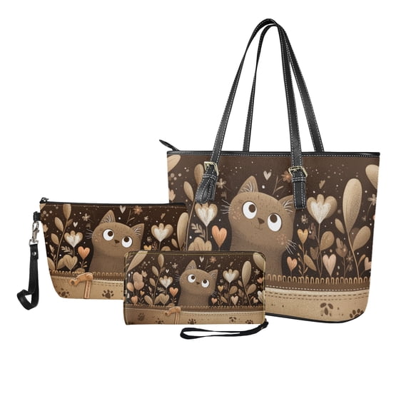 ZUXONGSY Cat Flower Print Handbag with Waterproof Cosmetic Bags Wallet for Women PU Leather Top Handle Satchel Set with Portable Makeup Pouch Money Organizers for Shopping Work