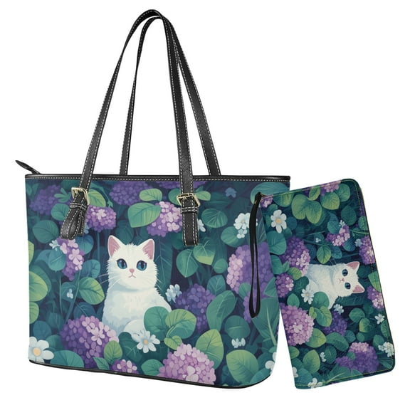 ZUXONGSY Cat Hydrangea Print Womens Handbag Set Wallet and Purse Set Top Handle Handbag with Wristlet Wallet Set for Ladies Shopping Travel