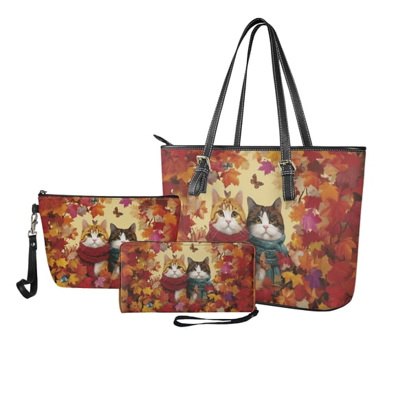 ZUXONGSY Cat Maple Butterfly Print Tote Bag with Portable Cosmetic Bags Purse for Women PU Leather Top Handle Satchel Set with Waterproof Travel Toiletry Bag Credit Card Holder Wallet for Workout