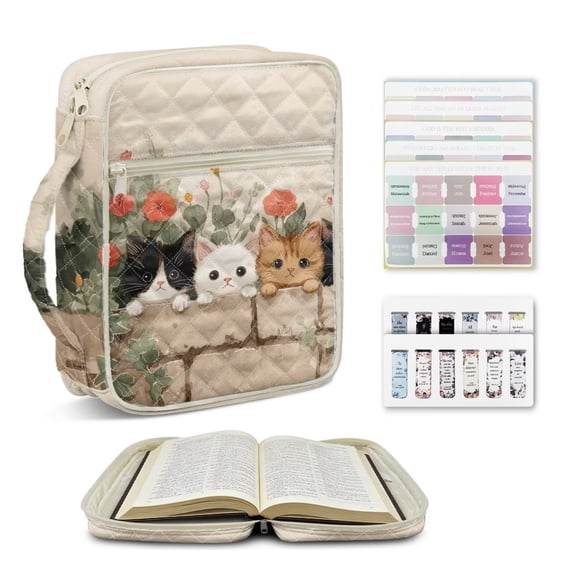 ZUXONGSY Cat Pansy Print Bible Case for Women Quilted Bible Cover Sturdy Scripture Bag with Bookmarks & Pen Slots Carrying Book Case for Study, Gift