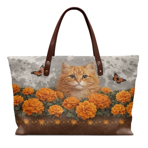ZUXONGSY Cat Peony Butterfly Print Top Handle Bag for Women Fashion Pu Leather Tote Handbag Lightweight Weekender Bag with Zipper for Excursions Shopping