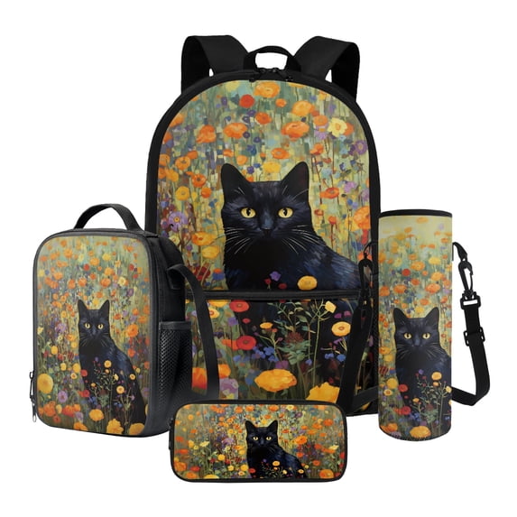 ZUXONGSY Cat Poppy Flower Print Boys Girls Backpack Cool Book Bag for Primary School Children 4 Piece School Bag Set with Rucksack Lunch Box Pencil Case Water Cup Sleeve