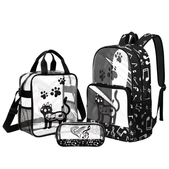 ZUXONGSY Cat Print 17" Clear Backpack for School Girls & Boys – 3Pcs Set with Lunch Box & Pencil Case, Heavy Duty PVC for Preschool, Kindergarten