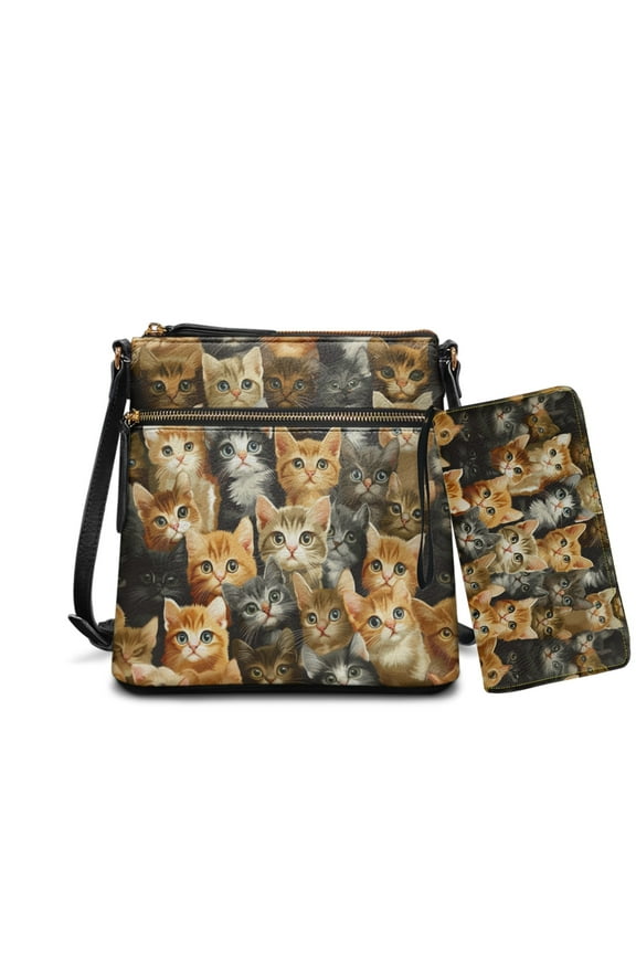 Cat Print Women's Stylish Hobo Shoulder Set - Waterproof PU Leather Bag and Wallet Leather Crossbody Satchel Purse and Wallet Set for Daily Essentials