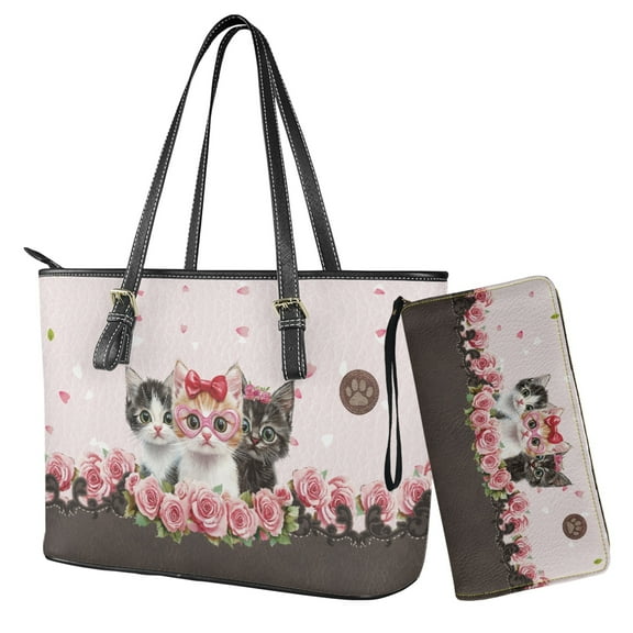 ZUXONGSY Cat Rose Print Large Capacity Shopping Tote for Women Waterproof Handbag and Wallet Set for Shopping Work