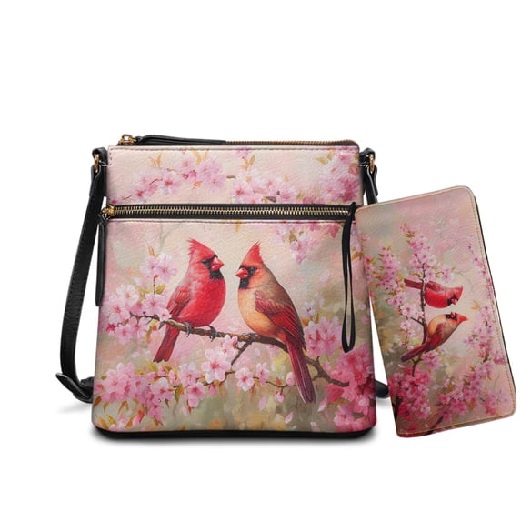 ZUXONGSY Cherry Blossom Cardinal Print Women's Leather Crossbody Bag and Matching Wallet Set, Satchel Hobo Purse with Multi-Pockets, Adjustable Shoulder Strap