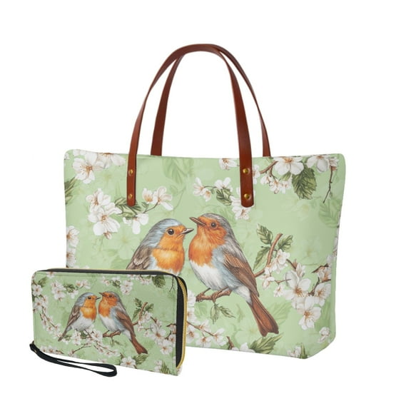 ZUXONGSY Cherry Blossom Robin Print 2 Pack Satchel Handbags Purses for Women Practicality Top Handle Satchel Work Bag Slim Wallet, Satchel Handbags Top Handles Work Bag Purses for Outings Tours
