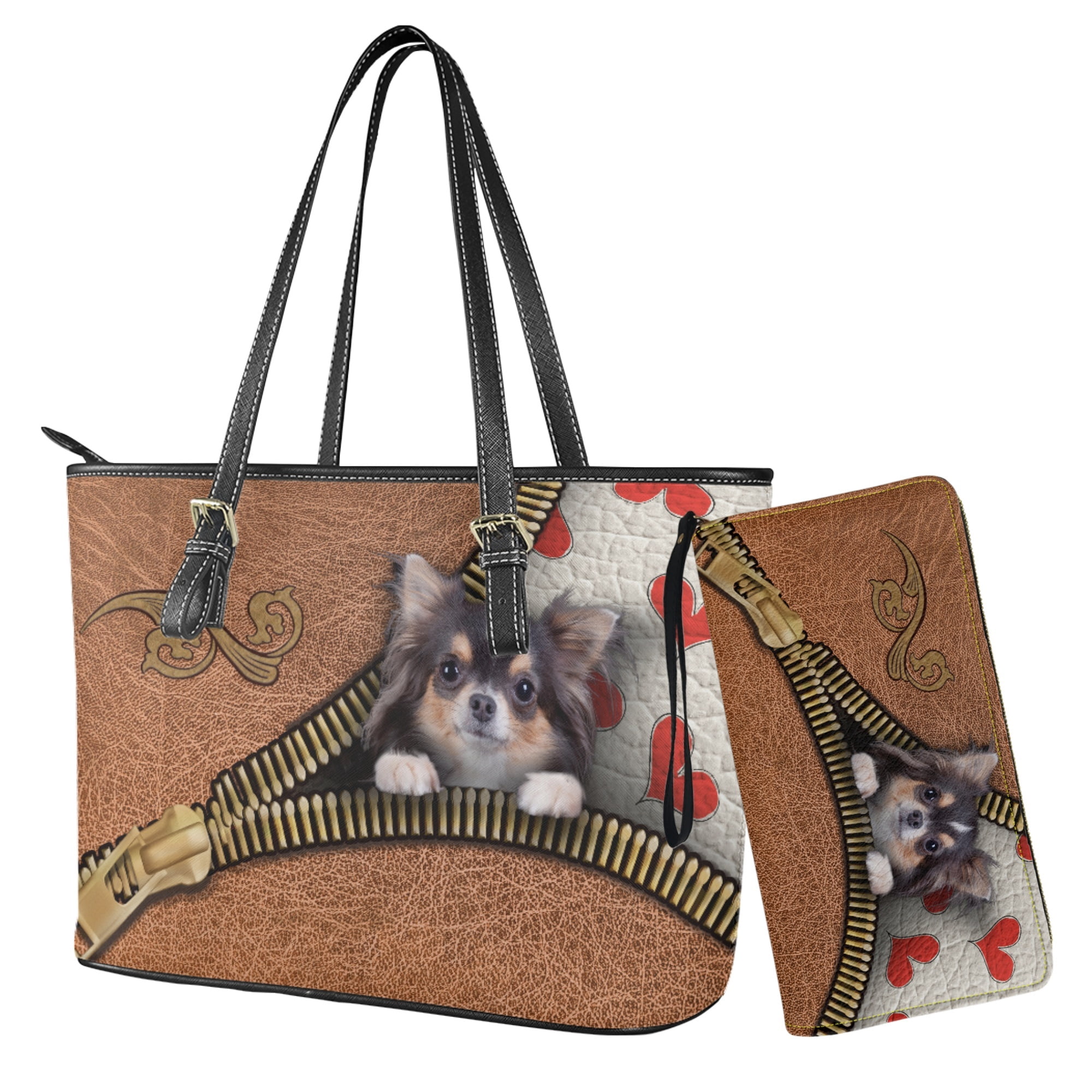 ZUXONGSY Chihuahua Dog Heart Print Handbag and Wallet Set 2 Pcs Top Handle Shoulder Bag Clutch Purse for Women Ladies Leahter Shoulder Handbag Set with Wallet
