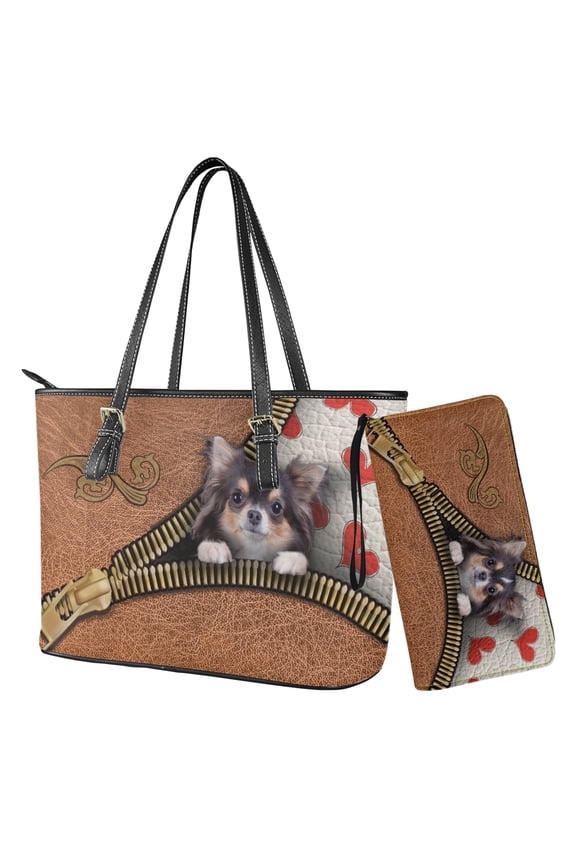 Chihuahua Dog Heart Print Handbag and Wallet Set 2 Pcs Top Handle Shoulder Bag Clutch Purse for Women Ladies Leahter Shoulder Handbag Set with Wallet