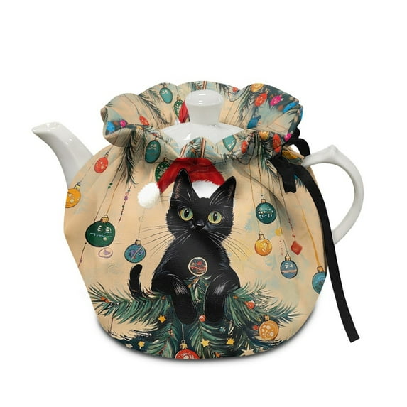 ZUXONGSY Christmas Black Cat Tea Cozy Teapots Dust Cover with Elastic Band Drawstring Tea Pot Dust Cover for Keeping Warm Not Easy to Pilling And Fade Christmas Decor