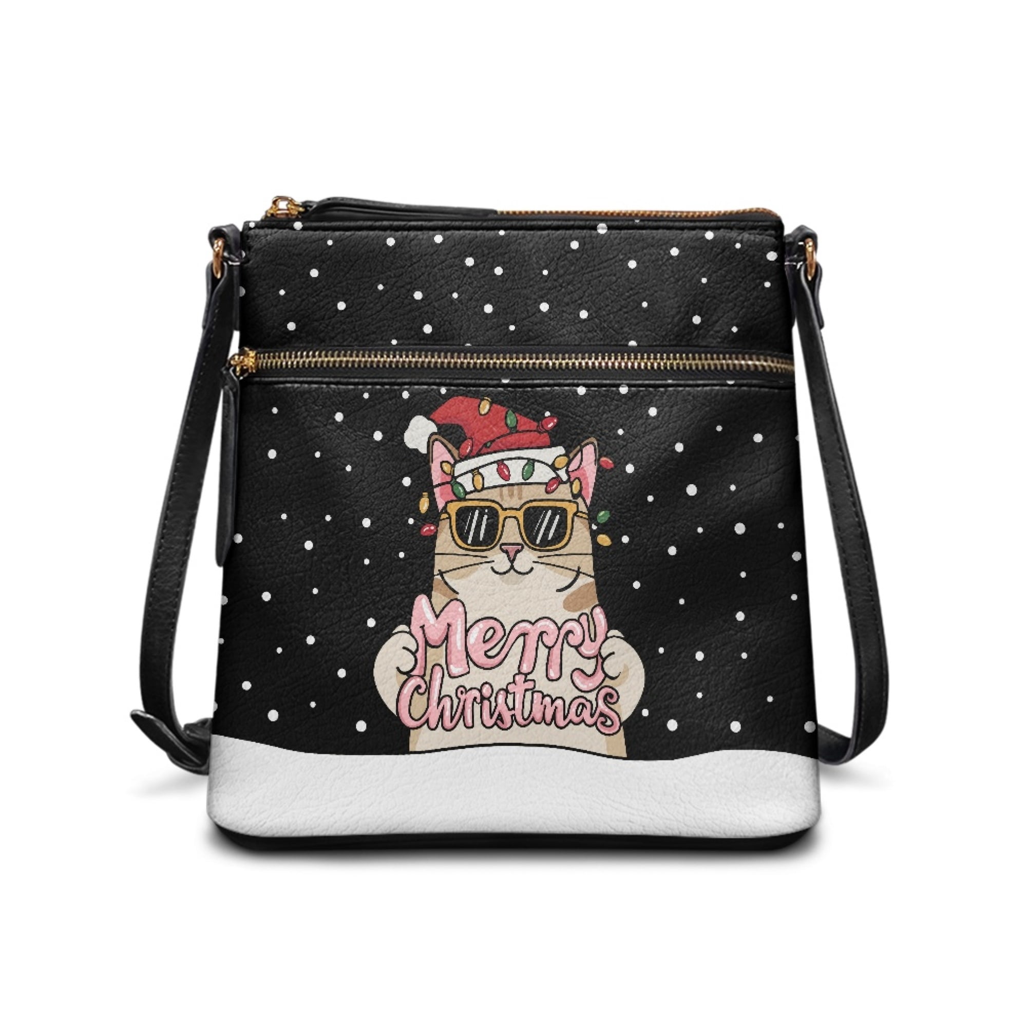ZUXONGSY Christmas Cat Hat Lights Snowflake Print Shoulder Bag for Women PU Leather Crossbody Purse Trendy Satchel with Adjustable Wide Strap for Travel Shopping