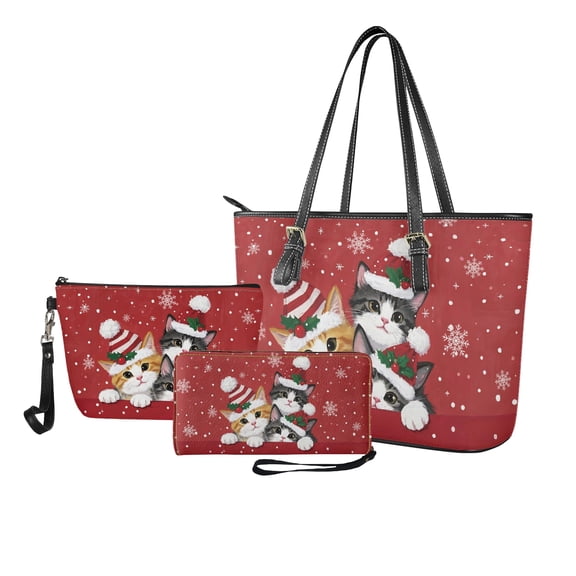 ZUXONGSY Christmas Cat Snowflake Print Tote Bag with Practicality Makeup Bag Wallet for Women PU Leather Top Handle Satchel Set with Casual Travel Toiletry Bag Slim Wallet for Shopping Work