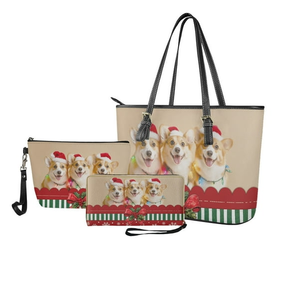 ZUXONGSY Christmas Corgi Dog Print Handbag with Large Capacity Makeup Bag Wallet for Women PU Leather Top Handle Satchel Set with Fashion Cosmetic Pouch Purse Money Organizers for Daily Use Work