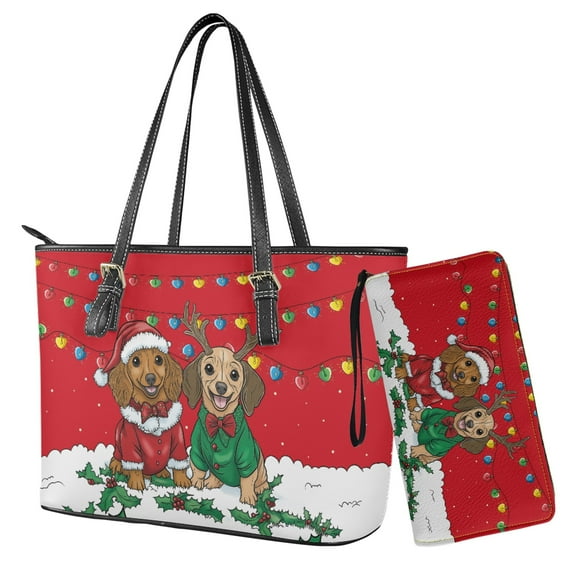 ZUXONGSY Christmas Dachshund Print Tote Handbag Slim Wallet Set for Women Top Handle Satchel Bag With PU Zipper Purse, Large Purse and Wallet Set
