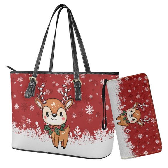 ZUXONGSY Christmas Deer Snowflake Print Handbag and Wallet Set Womens Purse and Wallet Set Lightweight Hobo Satchels Top Handle Tote Bag with Matching Clutch Purse