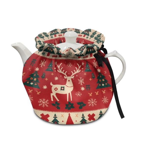 ZUXONGSY Christmas Deer Tree Breakfast Teapot Cover Personalized Insulated Kettle Cover with Elastic Band Drawstring Xmas Decorative Dust Proof Teapot Cover Easy to Clean Xmas Decor