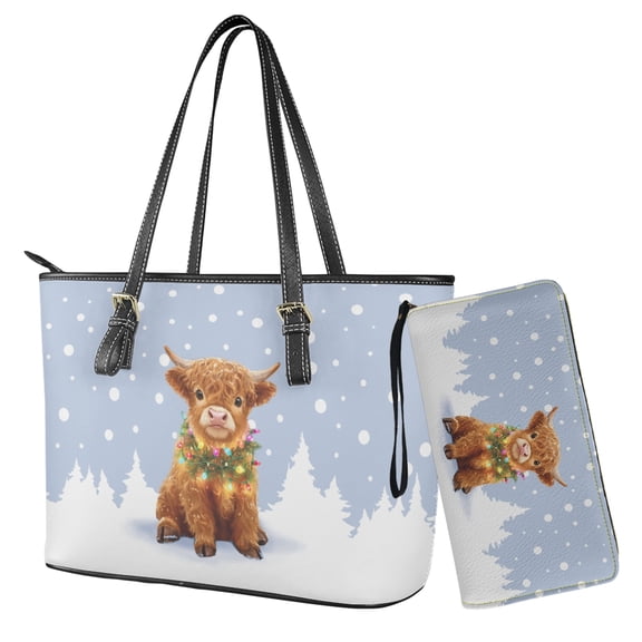 ZUXONGSY Christmas Highland Cow Print Womens Handbag Wallet Set Leather Satchel Purse Handbag with Wristlet Wallet Top Handle Satchel for Ladies