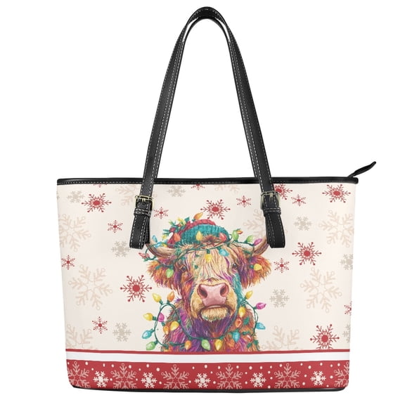 ZUXONGSY Christmas Highland Cow Snowflake Print Handbag for Women PU Leather Shoulder Bag Lightweight Top Handle Satchel with Zippered for Work Dating
