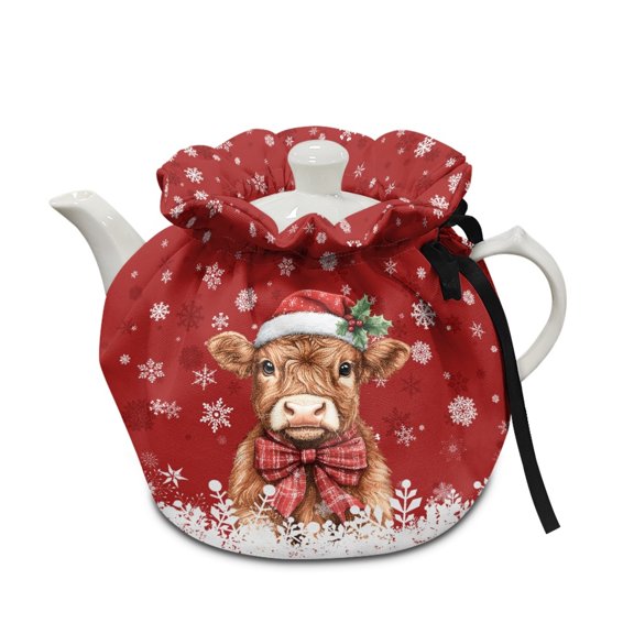 ZUXONGSY Christmas Highland Cow Tea Pot Cozies Double-Sided Large Teapot Cover with Elastic Band Drawstring Dustproof Soft Breakfast Pot Protector Lightweight And Sturdy Xmas Decor