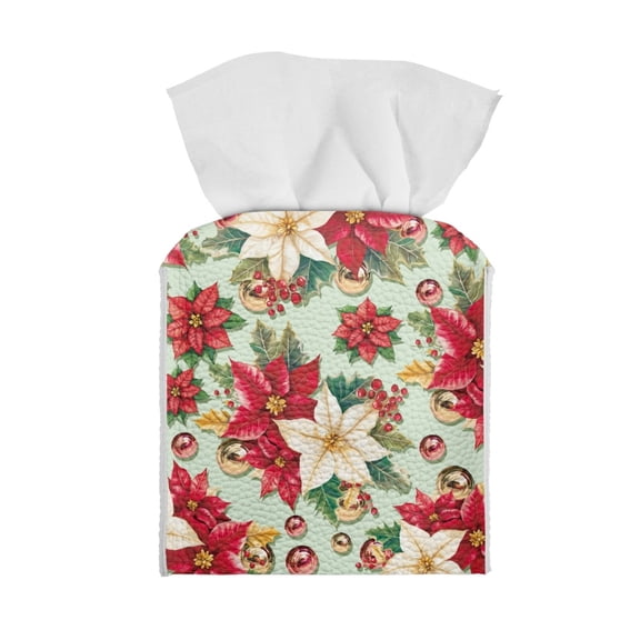 ZUXONGSY Christmas Holly Square Tissue Box Cover Modern PU Leather Tissue Holder Customized Printed Tissue Cover Reusable Tissue Box Cover Christmas Home Decoration