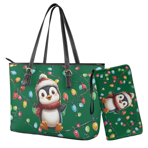 ZUXONGSY Christmas Penguin Print Handbag and Wallet Sets for Women Top Handle Totes with Matching Wallet Leather Shoulder Handbag Clutch Purse for Women Ladies